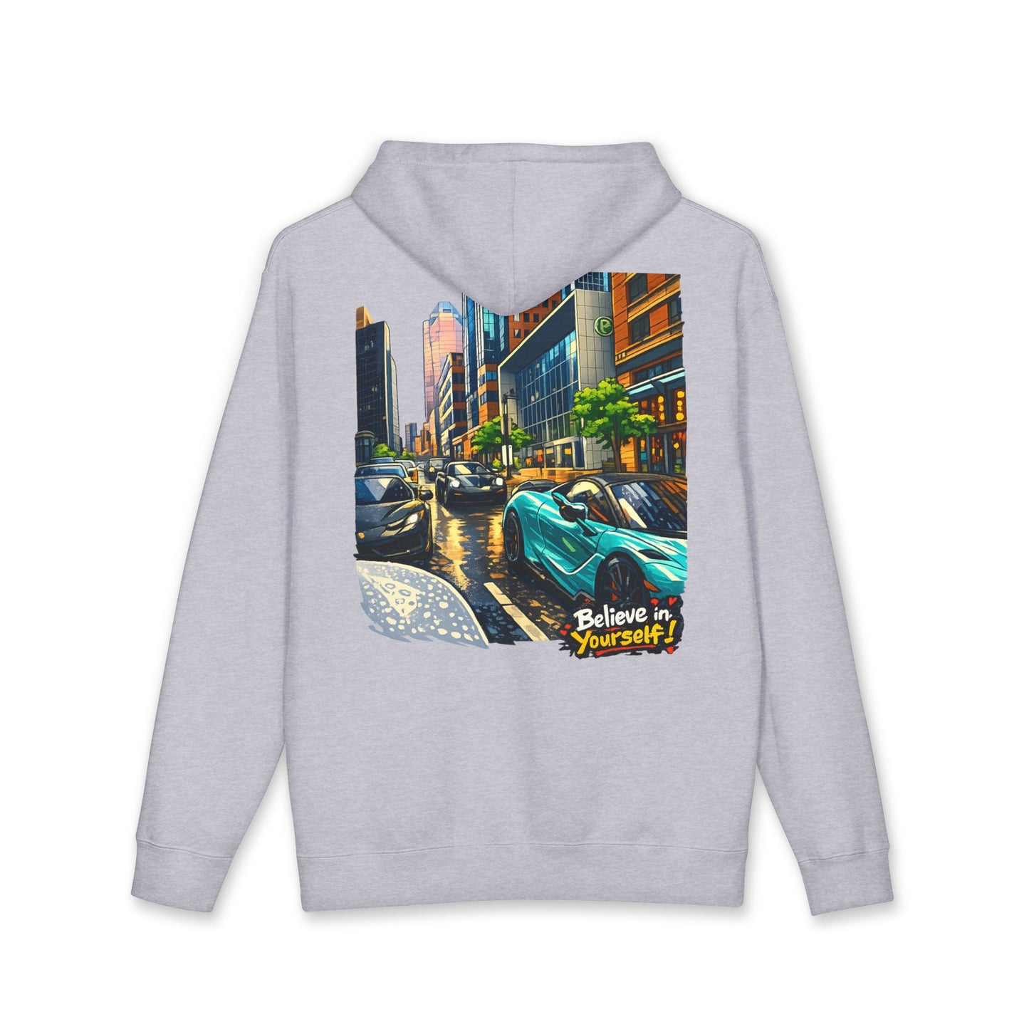 City Streets Hoodie — Urban Rainy Day Car Illustration Pullover