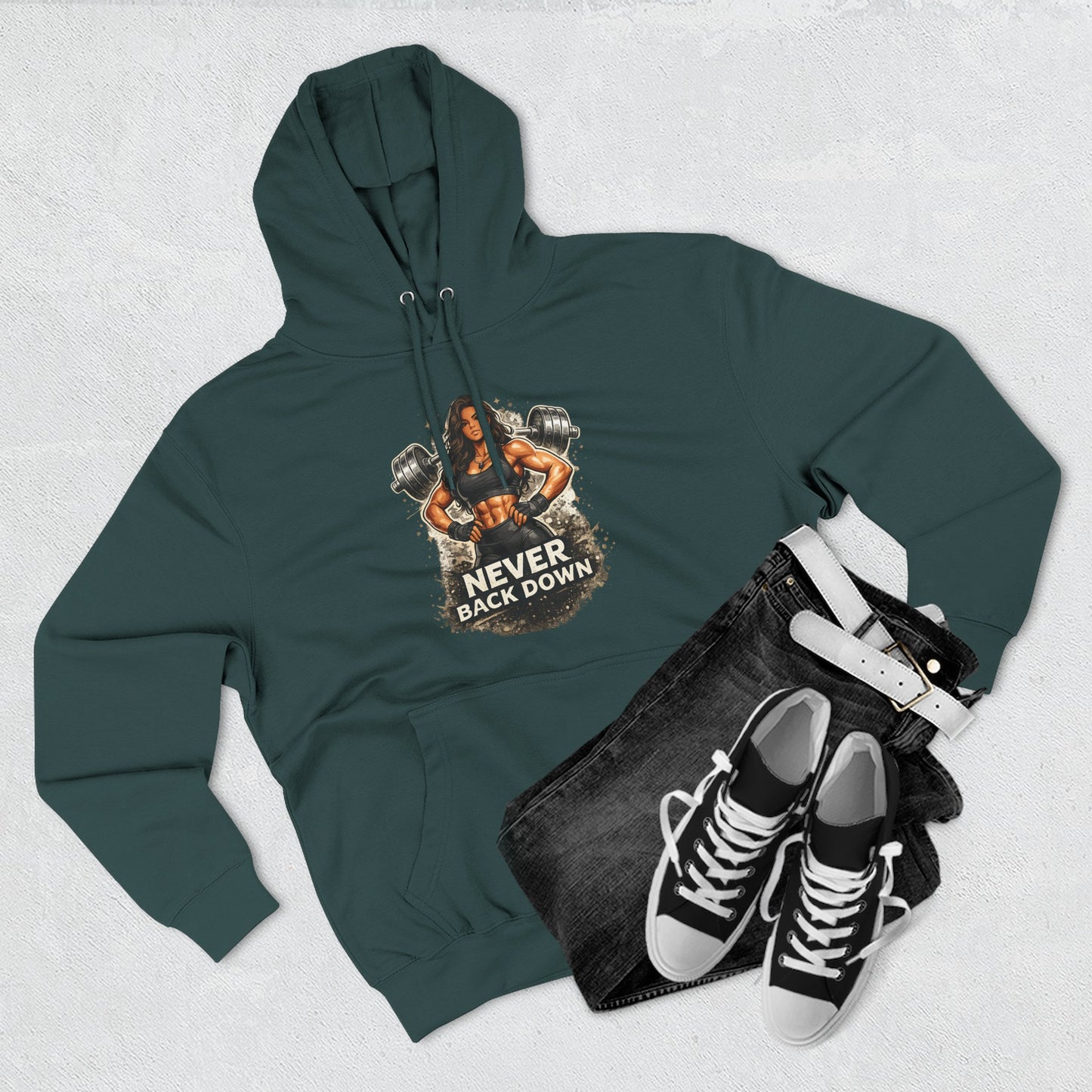 Never Back Down Hoodie — Motivational Gym Hoodie with Female Weightlifter Graphic