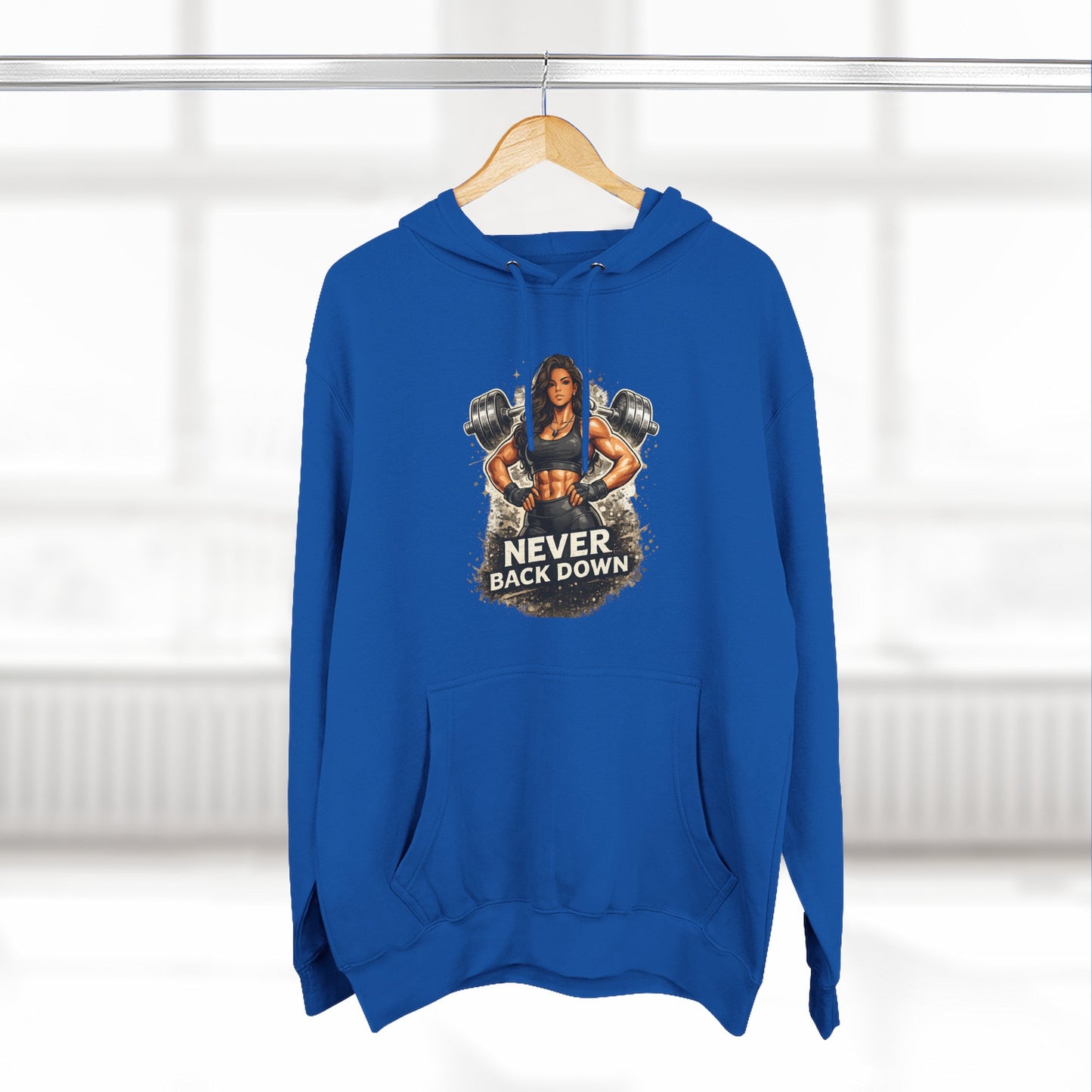 Never Back Down Hoodie — Motivational Gym Hoodie with Female Weightlifter Graphic