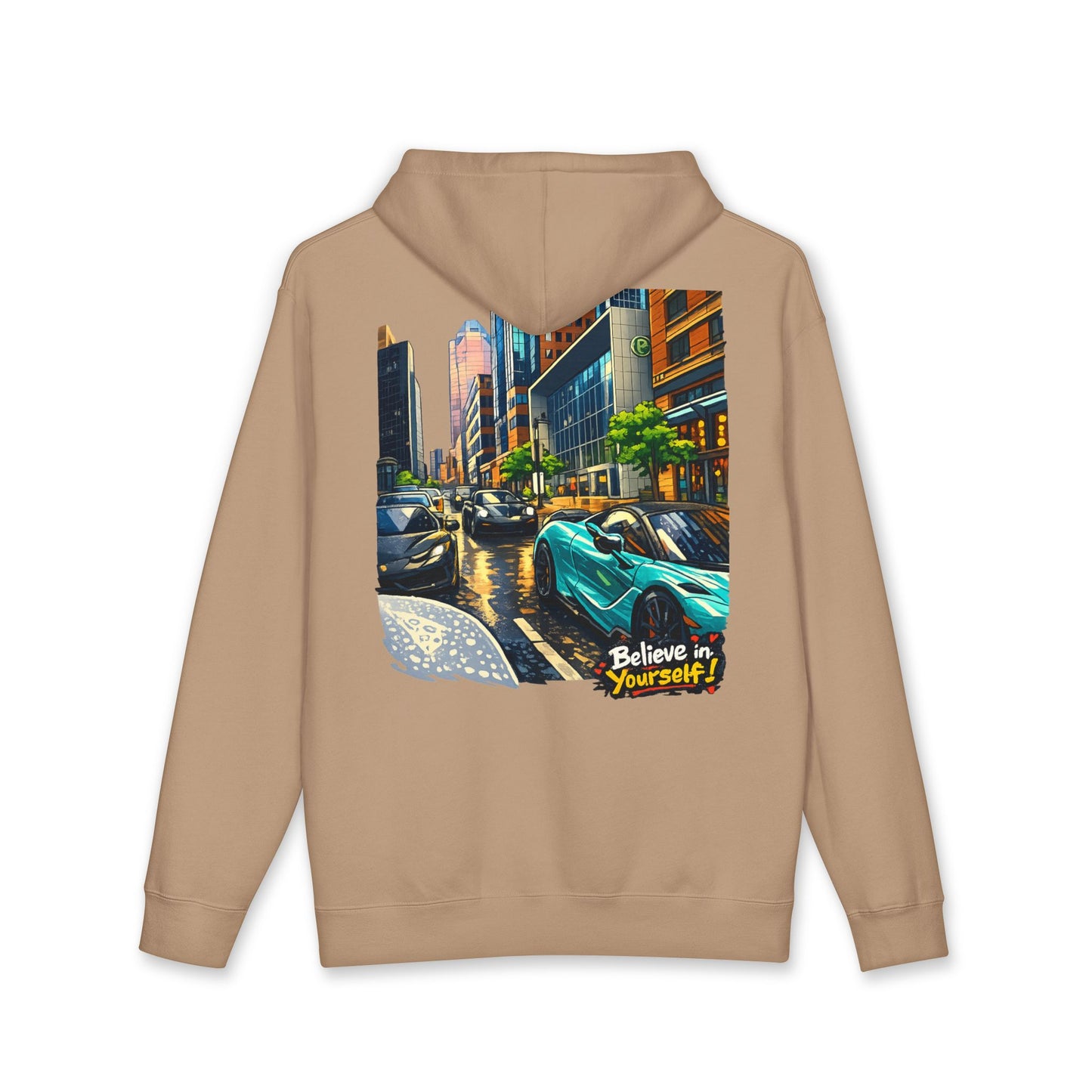 City Streets Hoodie — Urban Rainy Day Car Illustration Pullover