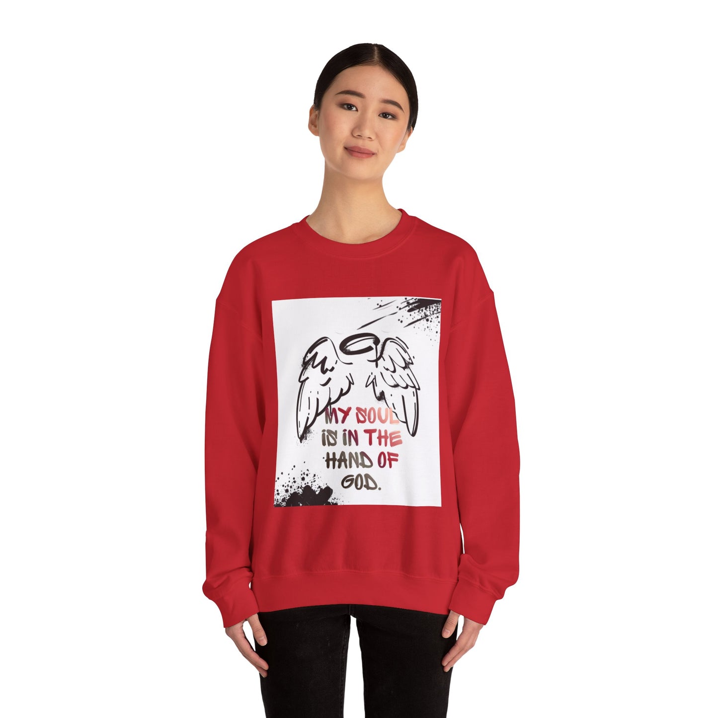 Christian Crewneck Sweatshirt — "My Soul Is In The Hand Of God" Angel Wings Graphic