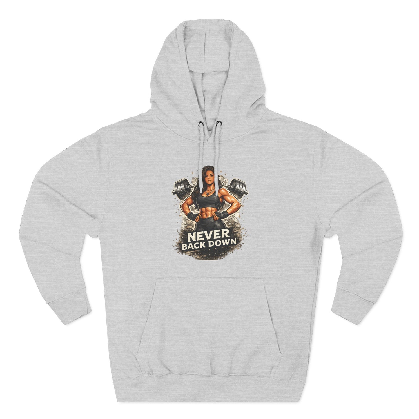 Never Back Down Hoodie — Motivational Gym Hoodie with Female Weightlifter Graphic