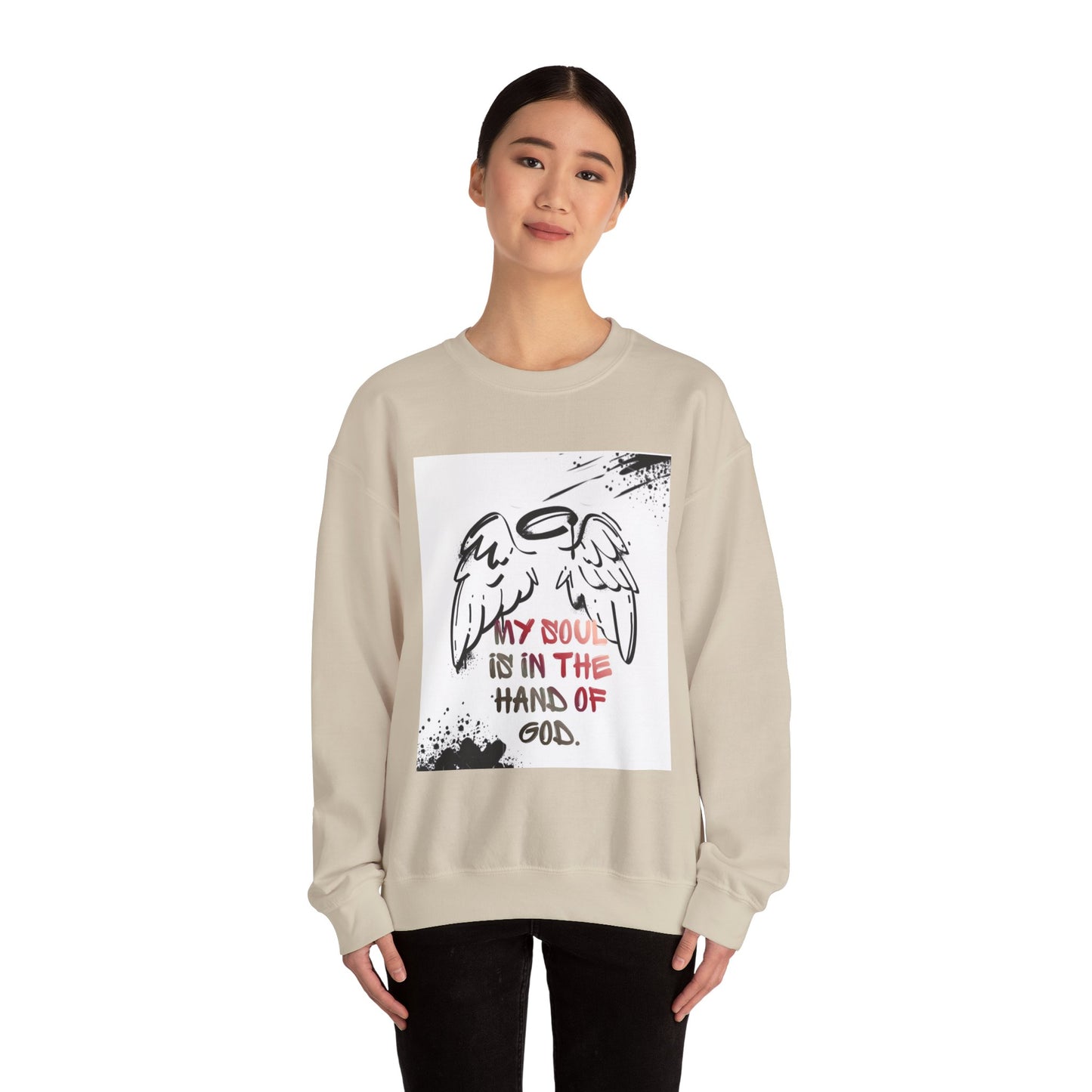 Christian Crewneck Sweatshirt — "My Soul Is In The Hand Of God" Angel Wings Graphic