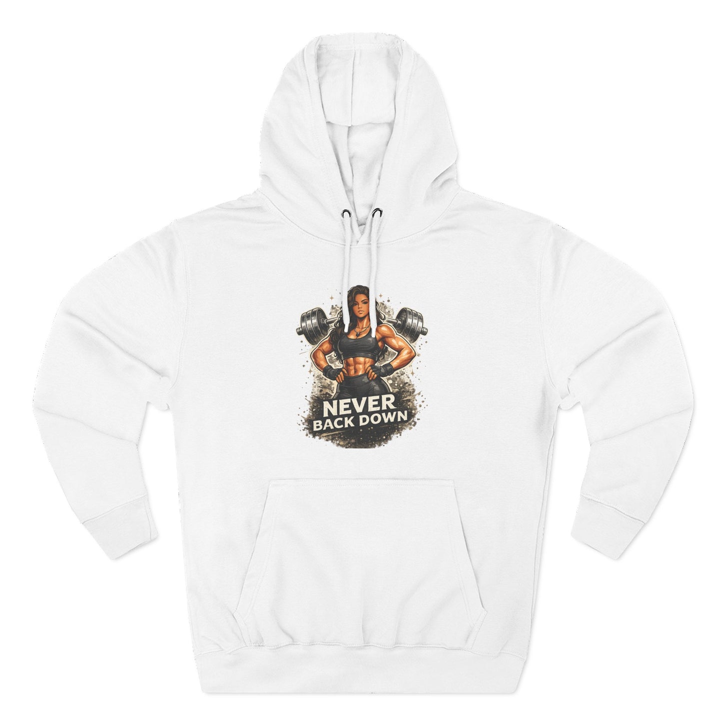 Never Back Down Hoodie — Motivational Gym Hoodie with Female Weightlifter Graphic