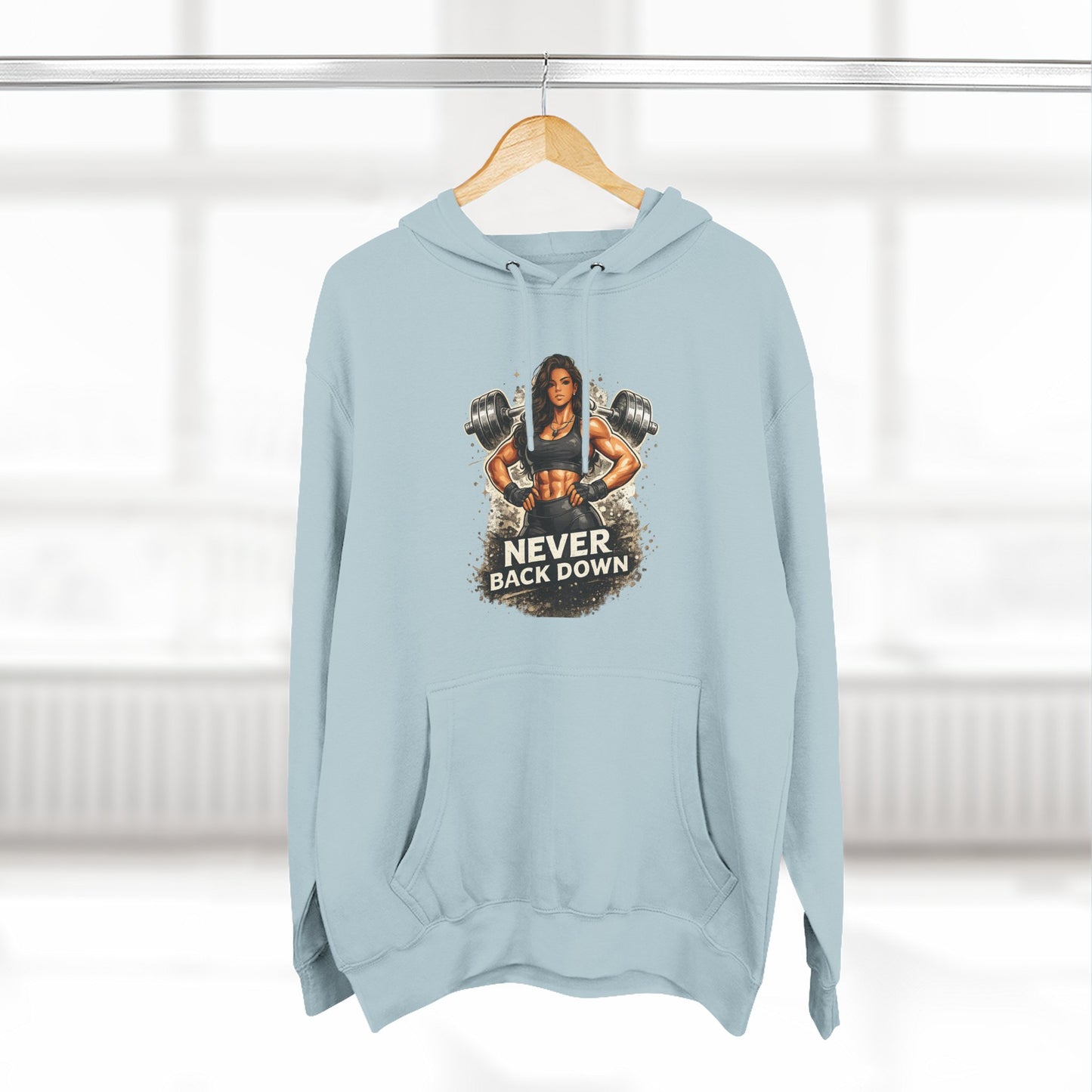 Never Back Down Hoodie — Motivational Gym Hoodie with Female Weightlifter Graphic