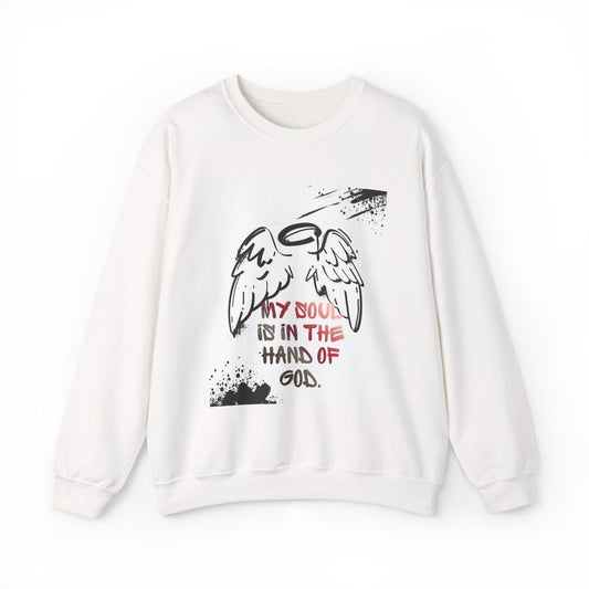 Christian Crewneck Sweatshirt — "My Soul Is In The Hand Of God" Angel Wings Graphic