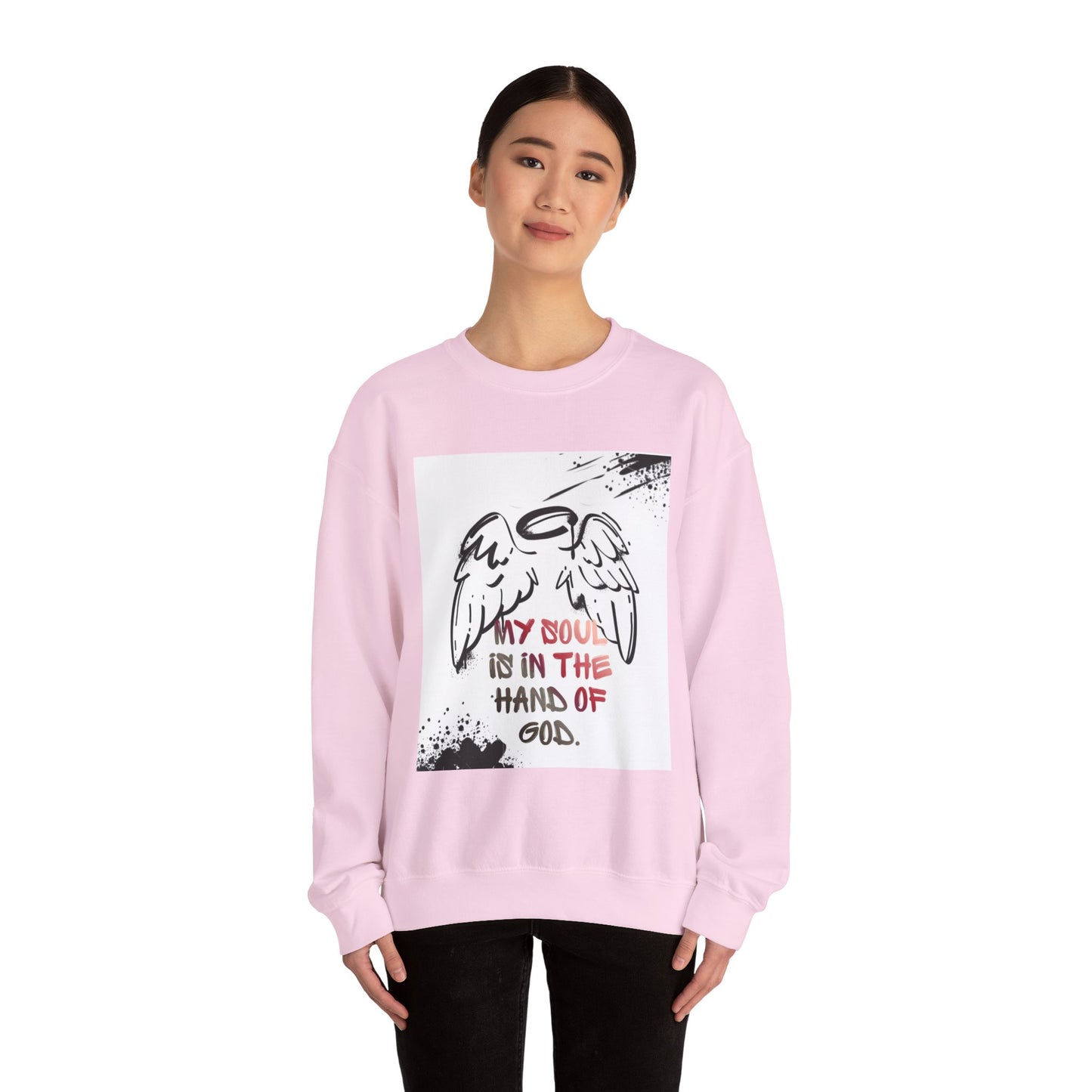 Christian Crewneck Sweatshirt — "My Soul Is In The Hand Of God" Angel Wings Graphic