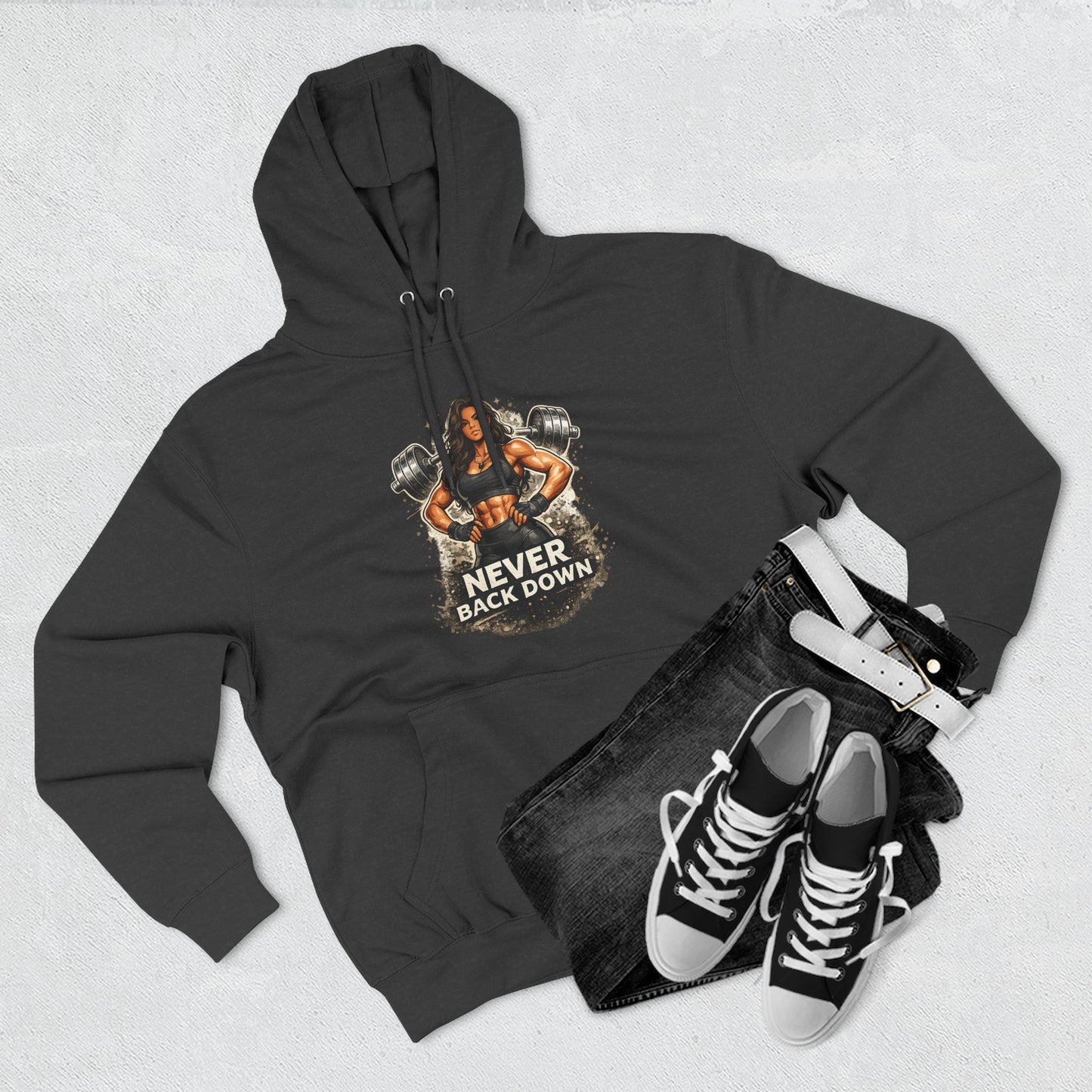 Never Back Down Hoodie — Motivational Gym Hoodie with Female Weightlifter Graphic