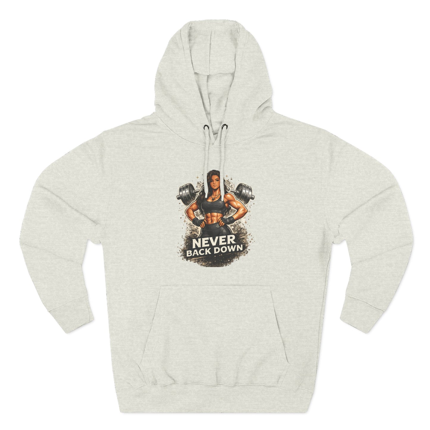 Never Back Down Hoodie — Motivational Gym Hoodie with Female Weightlifter Graphic
