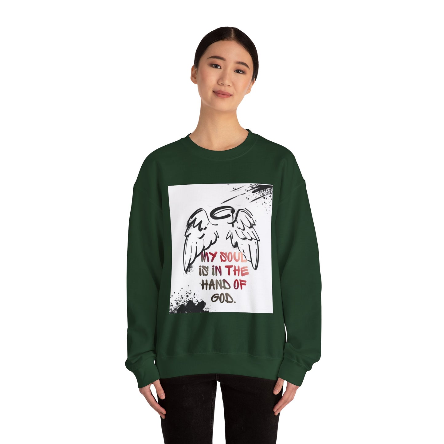 Christian Crewneck Sweatshirt — "My Soul Is In The Hand Of God" Angel Wings Graphic