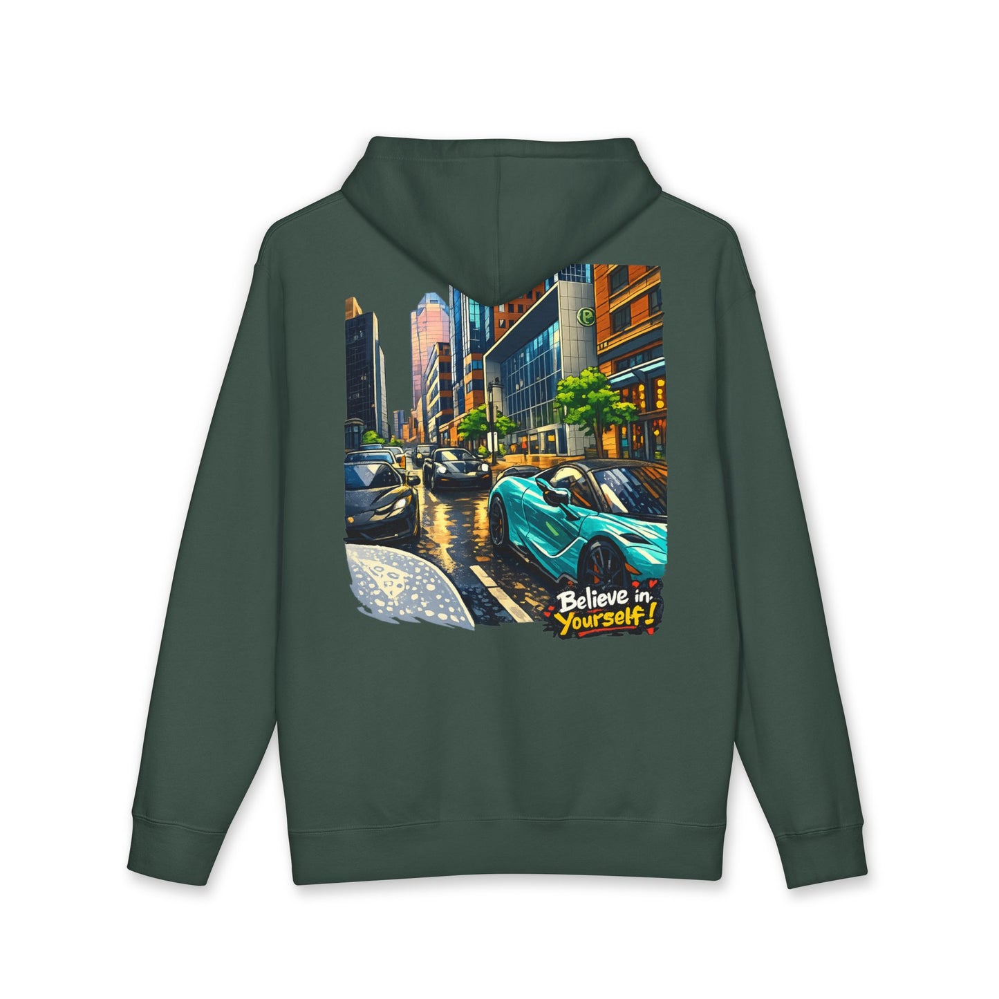 City Streets Hoodie — Urban Rainy Day Car Illustration Pullover
