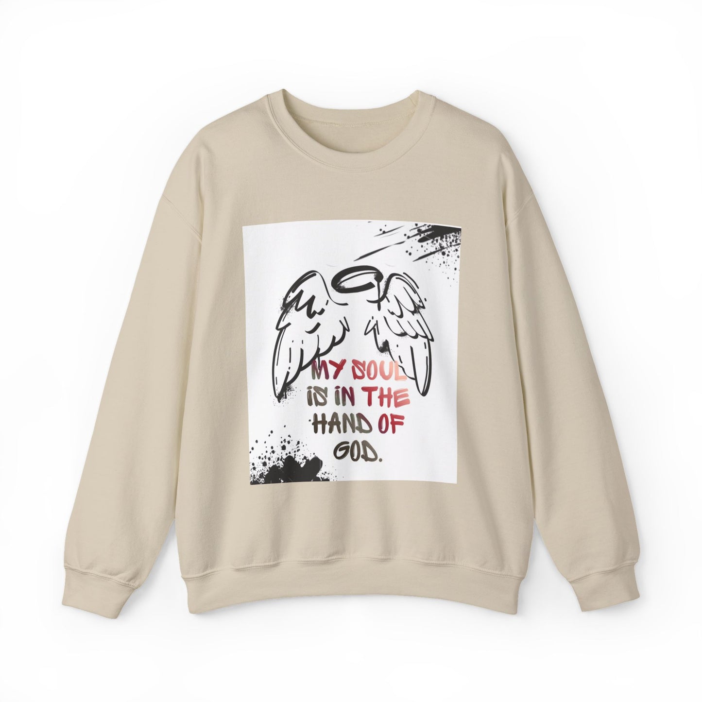 Christian Crewneck Sweatshirt — "My Soul Is In The Hand Of God" Angel Wings Graphic