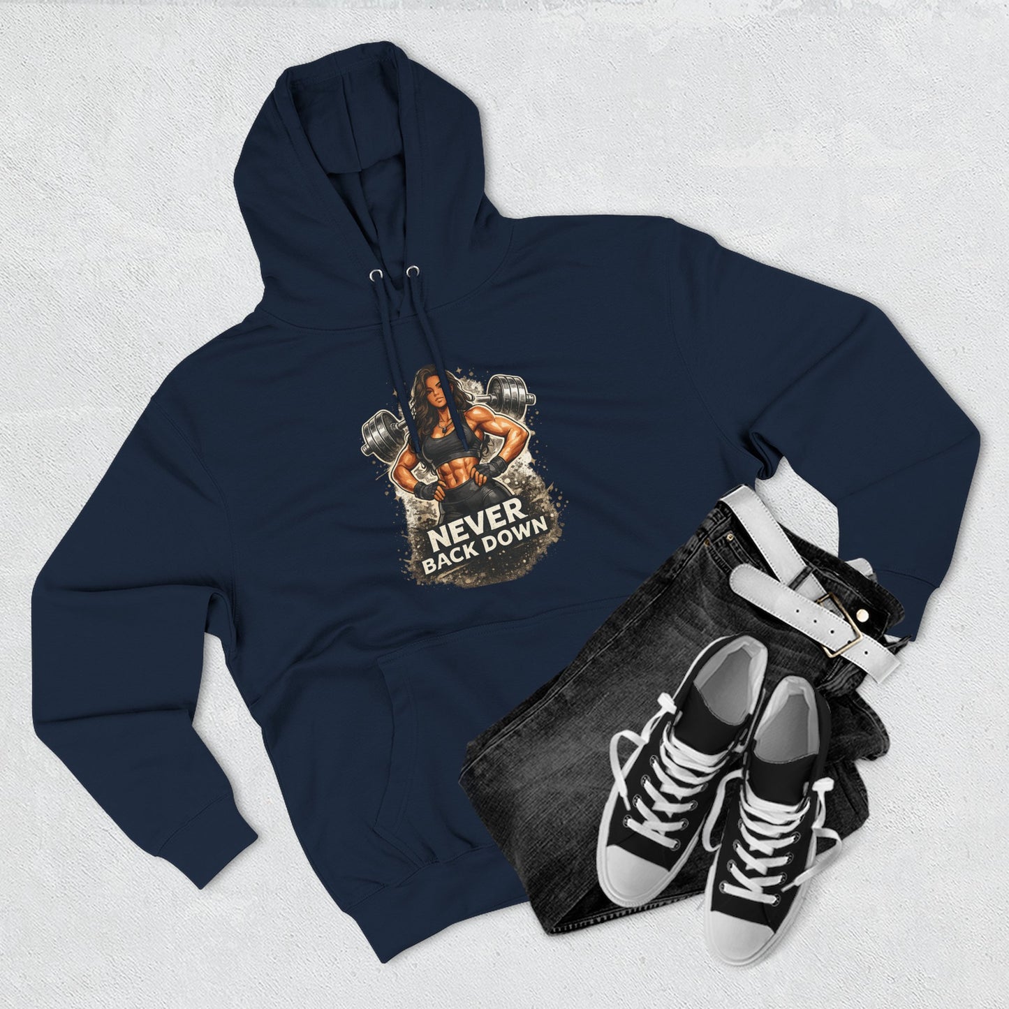 Never Back Down Hoodie — Motivational Gym Hoodie with Female Weightlifter Graphic