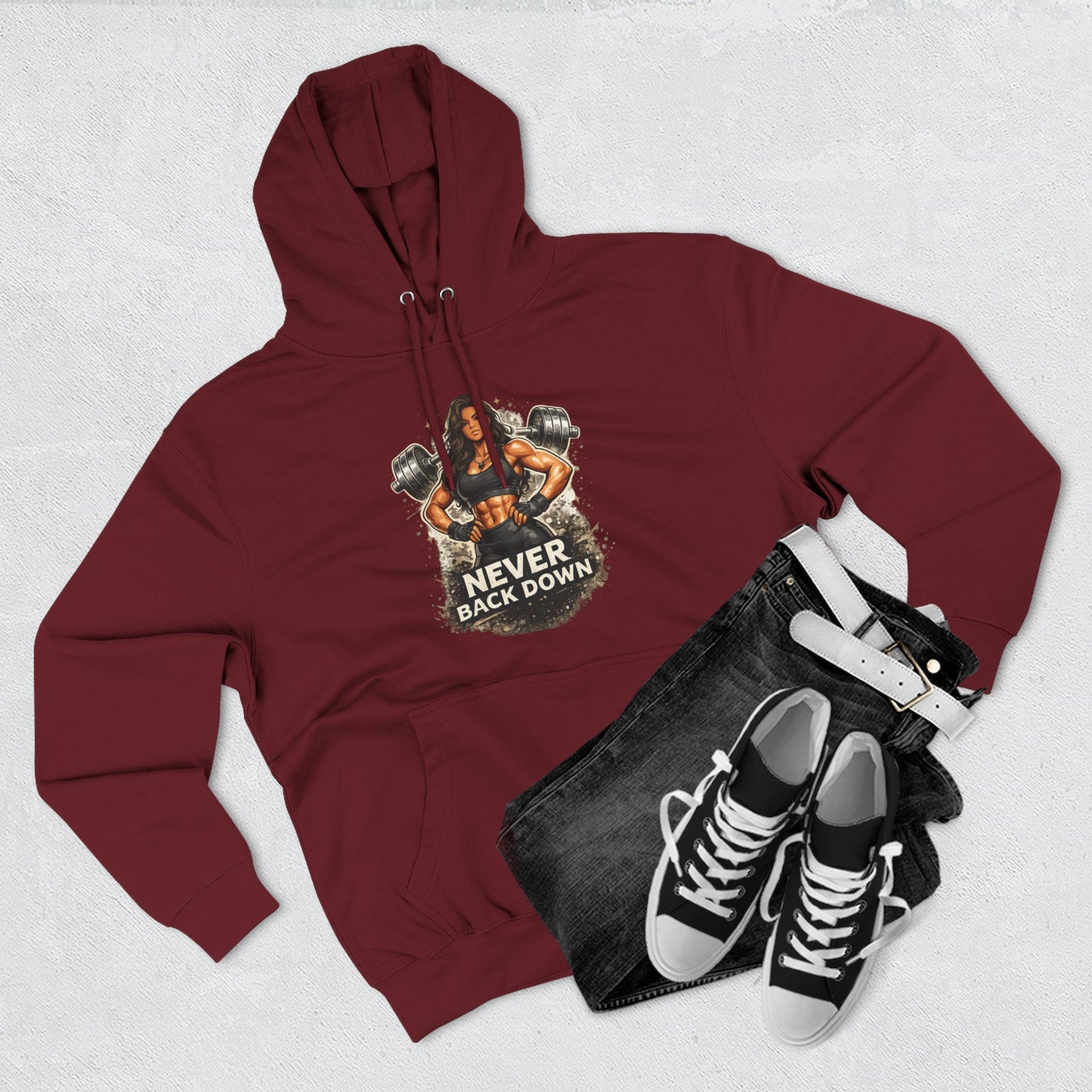 Never Back Down Hoodie — Motivational Gym Hoodie with Female Weightlifter Graphic