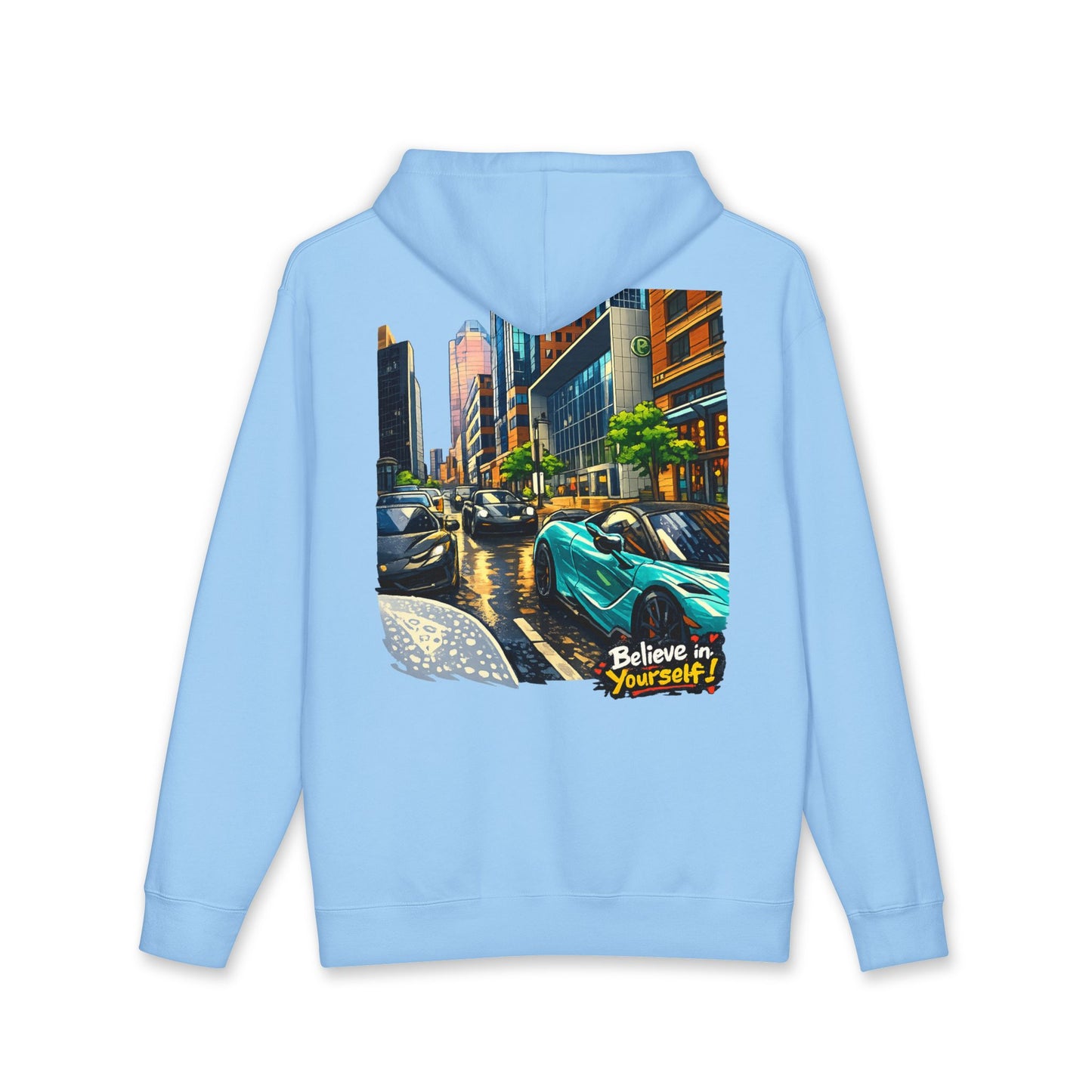 City Streets Hoodie — Urban Rainy Day Car Illustration Pullover