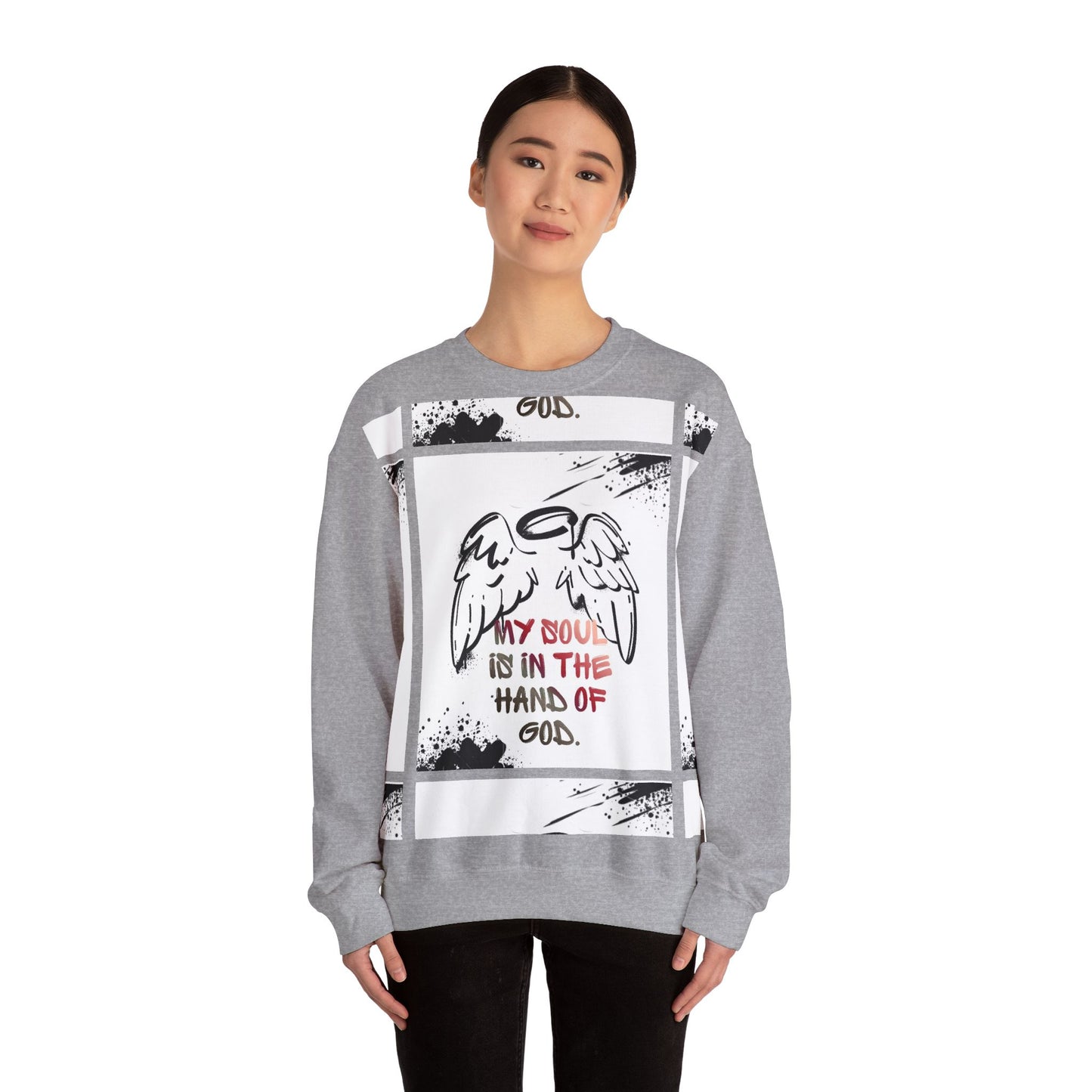 Christian Crewneck Sweatshirt — "My Soul Is In The Hand Of God" Angel Wings Graphic
