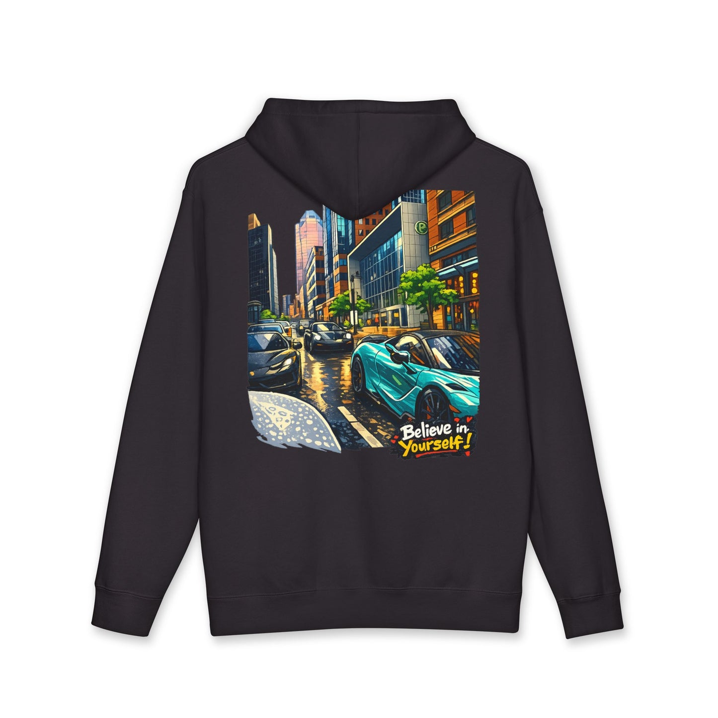 City Streets Hoodie — Urban Rainy Day Car Illustration Pullover