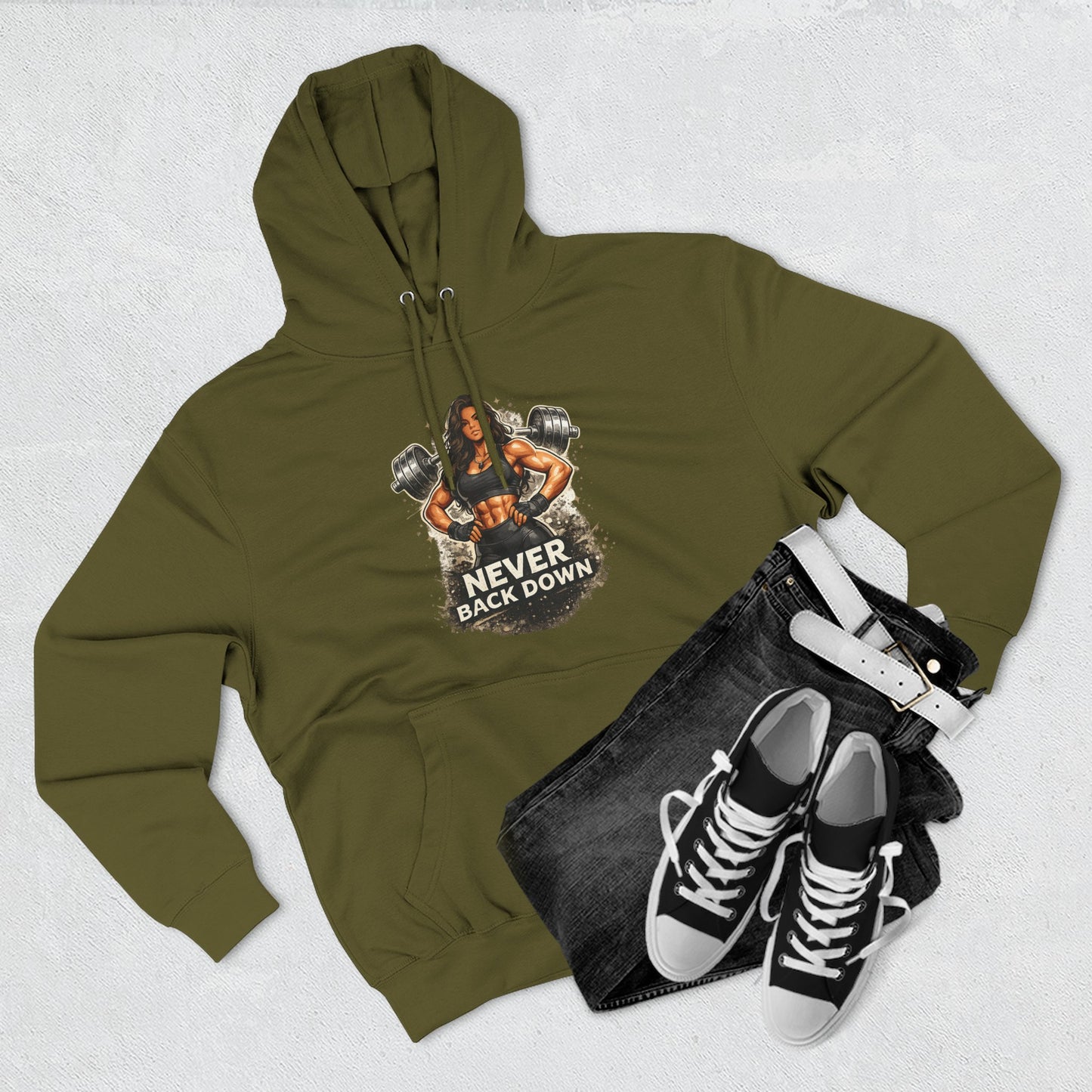 Never Back Down Hoodie — Motivational Gym Hoodie with Female Weightlifter Graphic